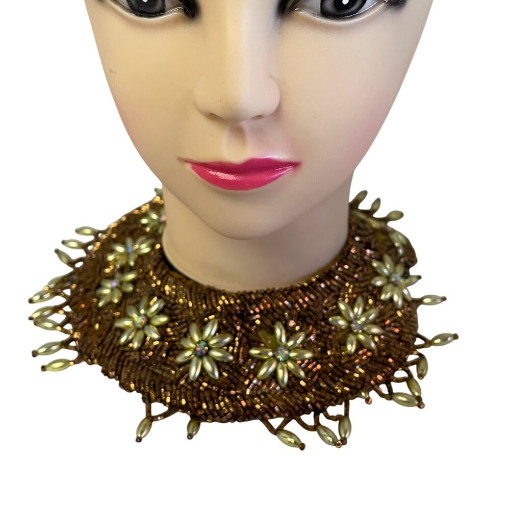Vintage Beaded Floral Choker Necklace With Pearls & Rhinestones 9"‎ x 9 5/8"